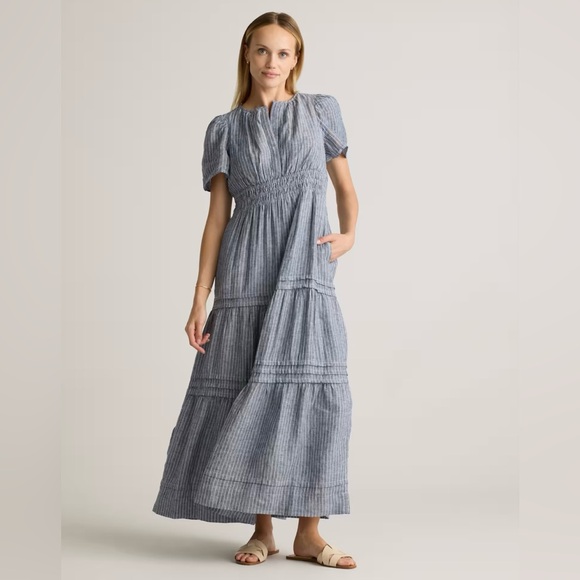 Quince Dresses & Skirts - Quince European Linen Chambray Blue Striped Tiered Maxi Dress